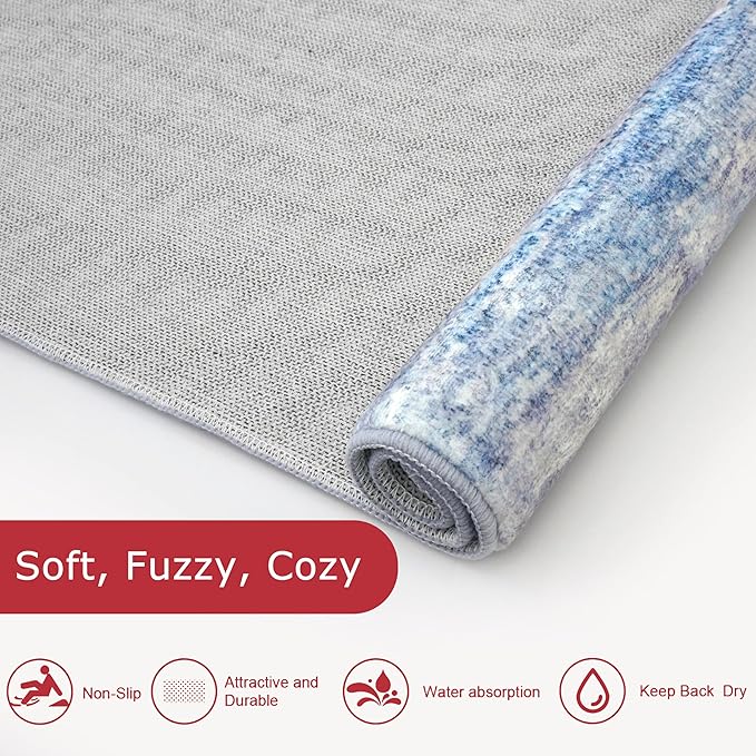 KOZYFLY Modern Abstract Washable Rug Runner 2.6x14 Hallway Rug Runner Non-Slip Soft Kitchen Runner Rugs, Blue/Grey/Beige Striped Carpet for Entryway Bathroom Laundry Room Foyer