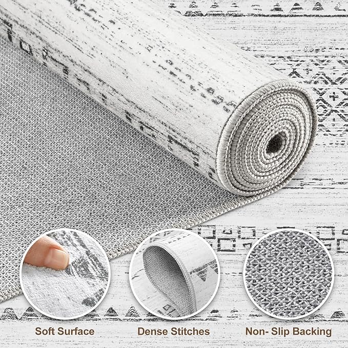 Nakagishi Area Rug Living Room Rugs: 4X6 Machine Washable Boho Large Neutral Farmhouse Stain Resistant Moroccan Indoor Floor Carpet for Bedroom Nursery Dorm Dining Room Home-Color Gray