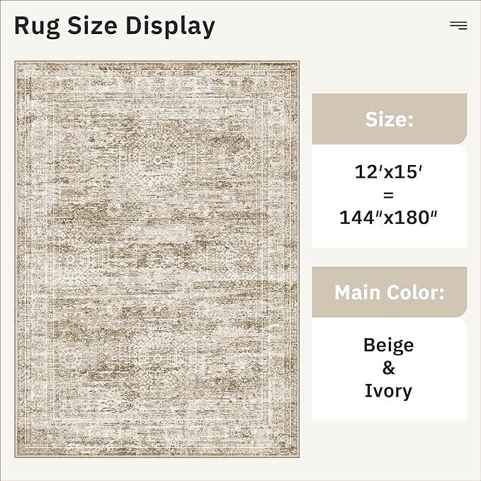 12x15 Washable Area Rug Brown Neutral Abstract Living Room Large Carpet Non Slip Bedroom Indoor Office Dining Room Low Pile Thin Rug