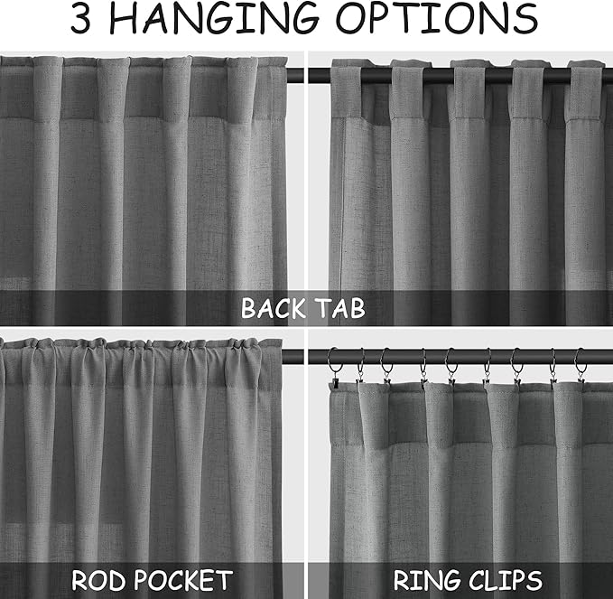 Dark Grey Linen Curtains 96 Inches Long for Living Room Burlap Textured Linen Drapes Rod Back Tab Vintage Rustic Farmhouse Light Filtering Curtain 96 Inch Length for Dinning Room Bedroom 52x96