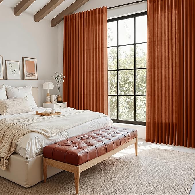 Nanspring Terracotta Linen Curtains 90 Inches Long 2 Panel Set Back Tab Boho Rustic Farmhouse Curtain for Living Room Semi Sheer Light Filtering Luxury Home Decor for Bedroom Dining Room 60x90