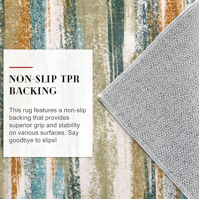 Lansny Modern Abstract 9x12 Large Machine Washable Living Room Rug Non-Slip Soft Bedroom Area Rug Green Mustard Multi Ultra Thin Print Faux Wool Carpet Throw Rugs for Playroom Dining Room Indoor