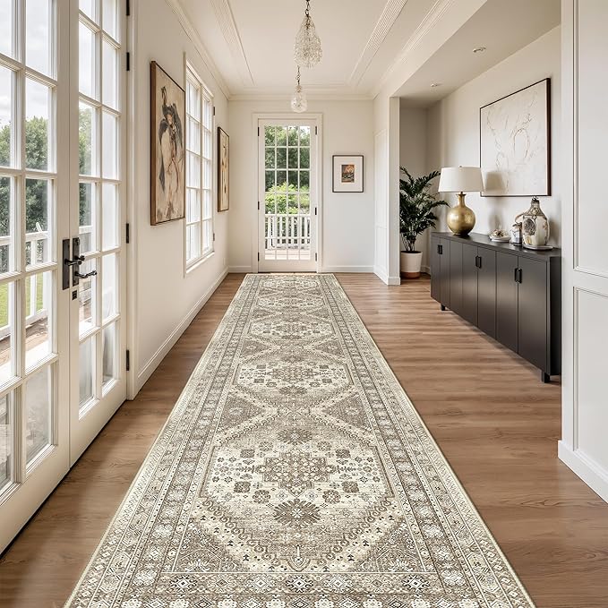 Washable Runner Rug 2.5x16, Non-Slip Long Kitchen Mats for Floor, Vintage Rug for Entryway, Soft Hallway Runner for Dining Room, Bedroom, Living Room(Brown,2.5'x16')