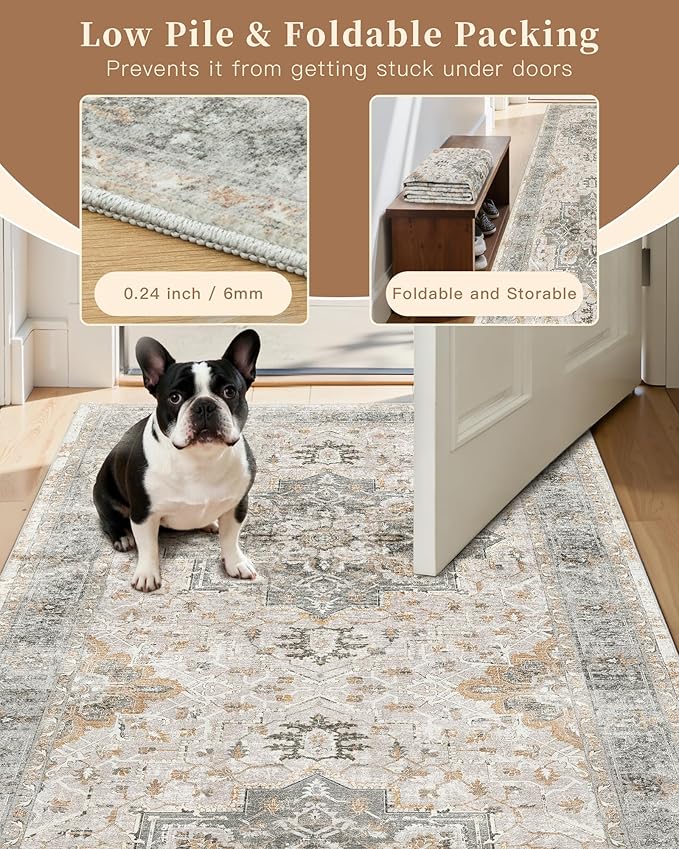 Madane Washable Runner Rug - 2x6 Rug Runners for Hallways 6 Foot Non Slip Vintage Kitchen Runner Rug Ultra-Thin Bathroom Runner Rugs Carpet Laundry Room Bedroom (2x6ft, Light Taupe Brown)