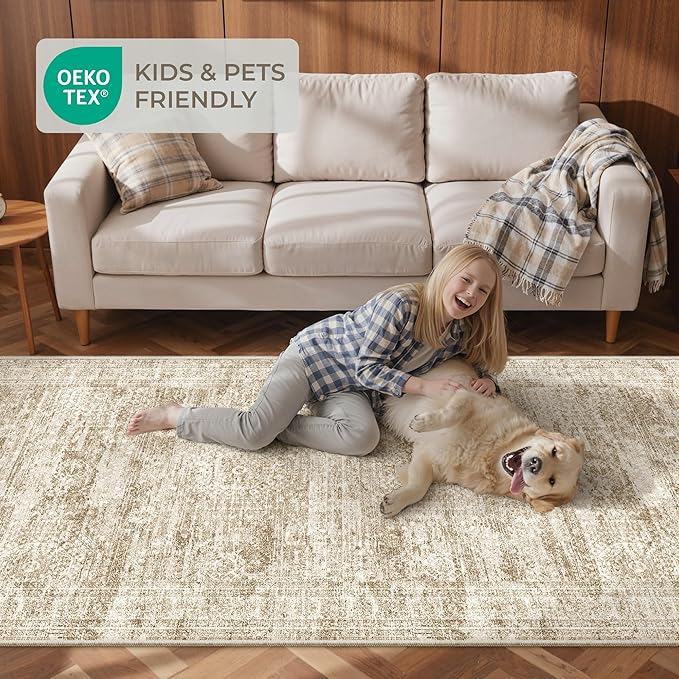 Washable Runner Rug 2.5x14, Non-Slip Long Hallway Runner for Entryway, Soft Vintage Kitchen Mats for Floor, Abstract Dining Room, Bedroom, Living Room Rugs(2.5'x14', Brown/Ivory)