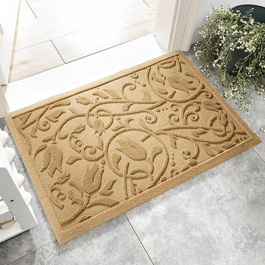 Boho Beige Floral Leaves Outdoor Indoor Entrance Doormats, Absorbent Durable Heavy Duty Welcome Front Door Mat,Thick Natural Rubber Back,Easy Clean Entryway Mat 23x35 Inch, Low Profile