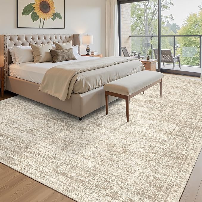 Soalmost 10x14 Area Rugs for Living Room, Non Slip Machine Washable Vintage Rugs, Low Pile Lightweight Large Rug for Bedroom, Dining Room, Home Office Beige