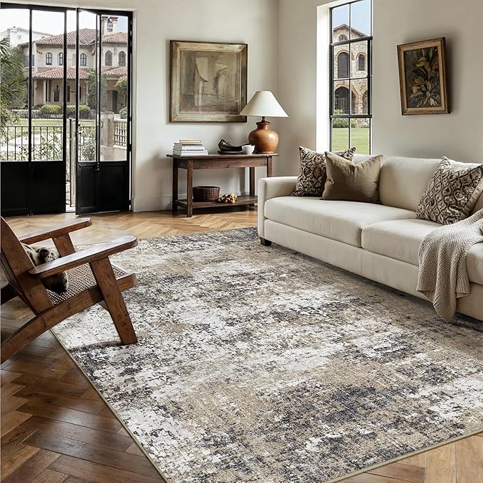PureCozy 5x7 Abstract Area Rug Brown Washable Non Slip Living Room Carpet Modern Neutral Low Pile Ultra Soft Bedroom Throw Rug Contemporary Indoor for Kitchen Office Laundry Dining Room Bathroom