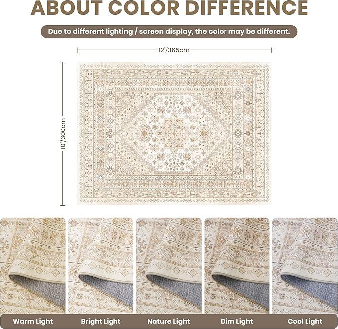 zesthome 10x12 Area Rugs,Stain Resistant Washable Rug,Ultra-Thin Rugs for Living Room,Bedroom,Non-Slip Backing Home Decor Large Area Rug (Cream/Beige,10'x12')