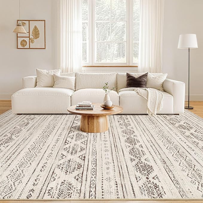 Nakagishi 9x12 Area Rugs Living Room: Washable Boho Large Neutral Soft Farmhouse Rug Stain Resistant Modern Moroccan Non-Slip Indoor Carpet for Bedroom Nursery Kids Office Dining Room - Dark Brown