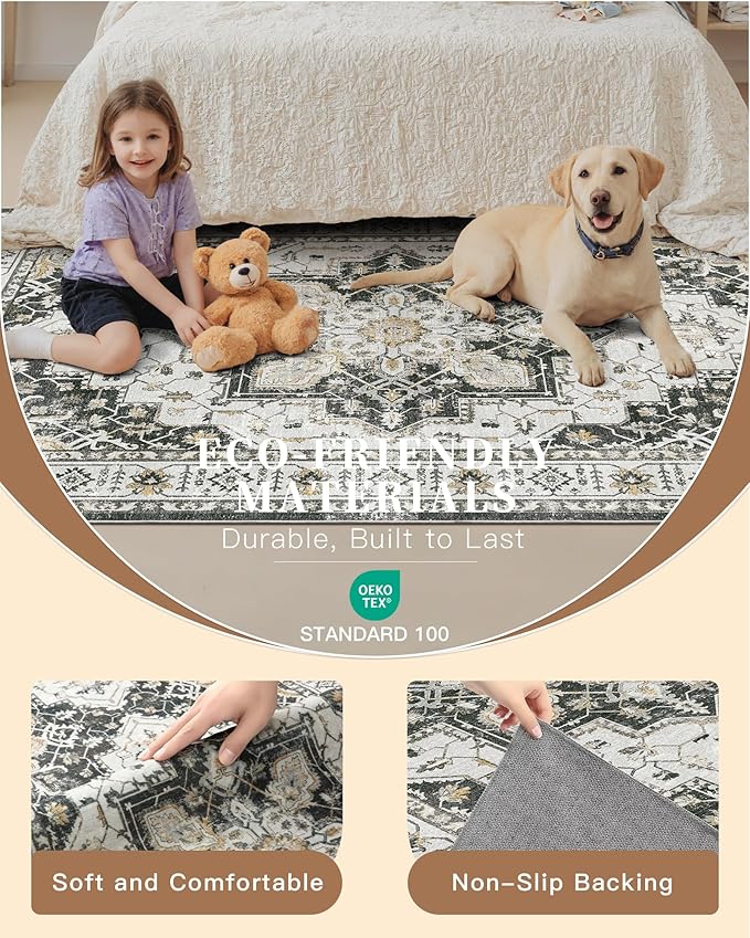 Madane Hallway Runner Rug 2'6''x10' Kitchen Runner, Non Slip Vintage Runners for Hallways Washable Kitchen Rugs Soft Low Pile 2.5x10 ft Rug Runner for Laundry Room, Entryway and Bedroom, Black