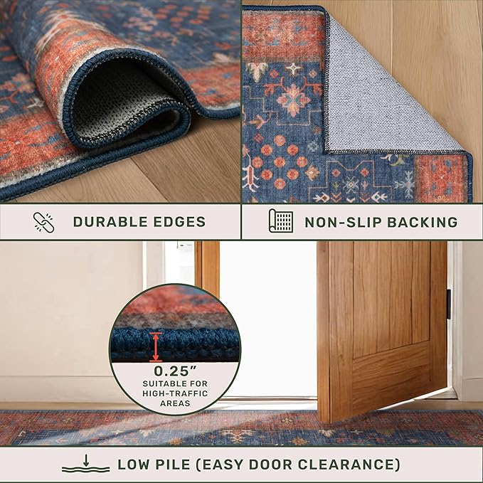 Washable 10 ft Long Runner for Hallway - Navy Blue Kitchen Floor Runner Rug, Pet Friendly Waterproof Non Slip with Rubber Backing, Stain Resistant Laundry Room Rug (3x10 Navy Blue & Terracotta)
