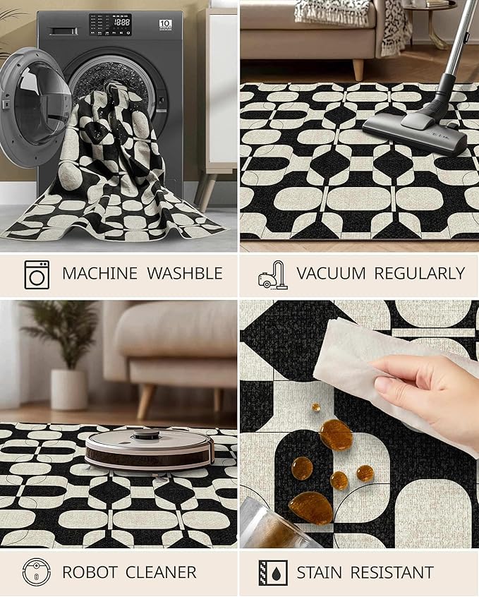 Latte&Fog 8x10 Area Rugs for Living Room, Large Vintage Washable Rug, Boho Non Slip Low Pile Carpet for Indoor Bedroom, Dining Room, Office, Dorm, Classroom, Farmhouse and Kids Room - Black Beige