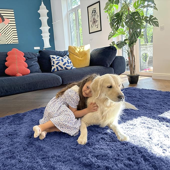 OLANLY 9x12 Machine Washable Large Area Rugs for Living Room, Bedroom, Soft Fluffy Shaggy Bedside Rug, Indoor Floor Carpet for Kids Girls and Boys, Dorms, Nursery, Home Decor Aesthetic, Denim Blue