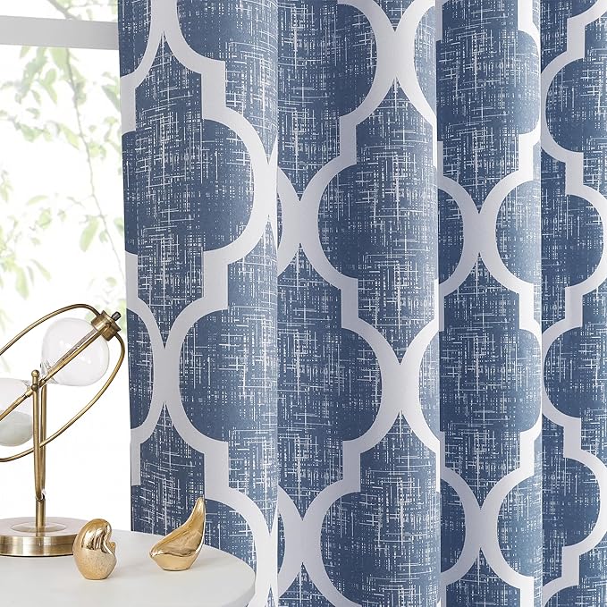 Beauoop 100% Blackout Curtains 72 Inches Long 2 Panels for Bedroom Living Room Blue Moroccan Geo Room Darkening Thermal Insulated Soundproof Grommet Top Window Treatments Drapes, 50x72 Set of 2