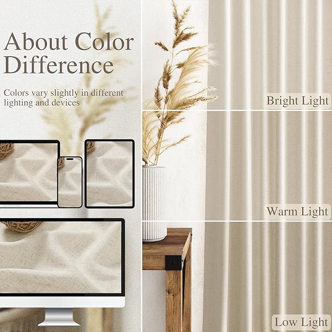 Nanspring Vanilla Linen Curtains for Living Room 108 Inches Long Modern Farmhouse Decor Light Filtering Semi Sheer Curtain Back Tab Luxury Floor to Ceiling High Window for Bedroom 52x108, 2 Panels