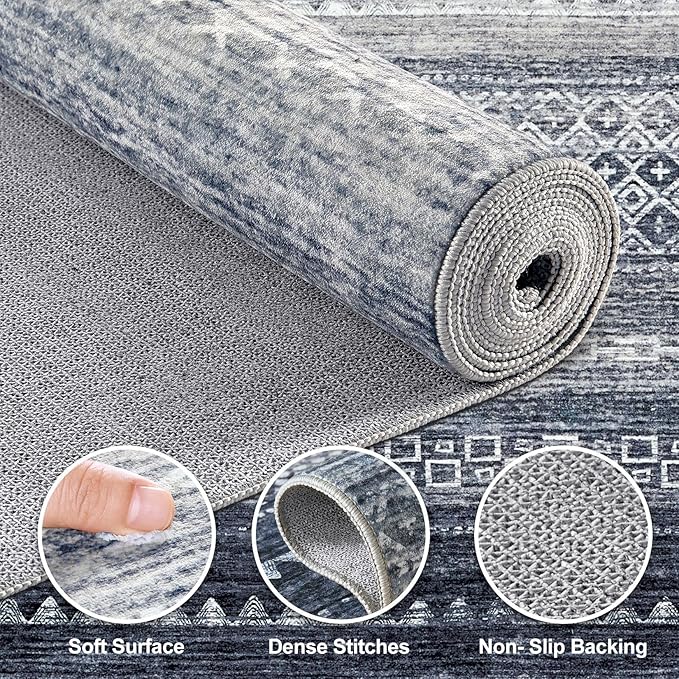 Nakagishi Area Rug Living Room Rugs: 2X6 Machine Washable Boho Large Neutral Farmhouse Stain Resistant Moroccan Indoor Floor Carpet for Bedroom Nursery Dorm Dining Room Home-Denim Blue