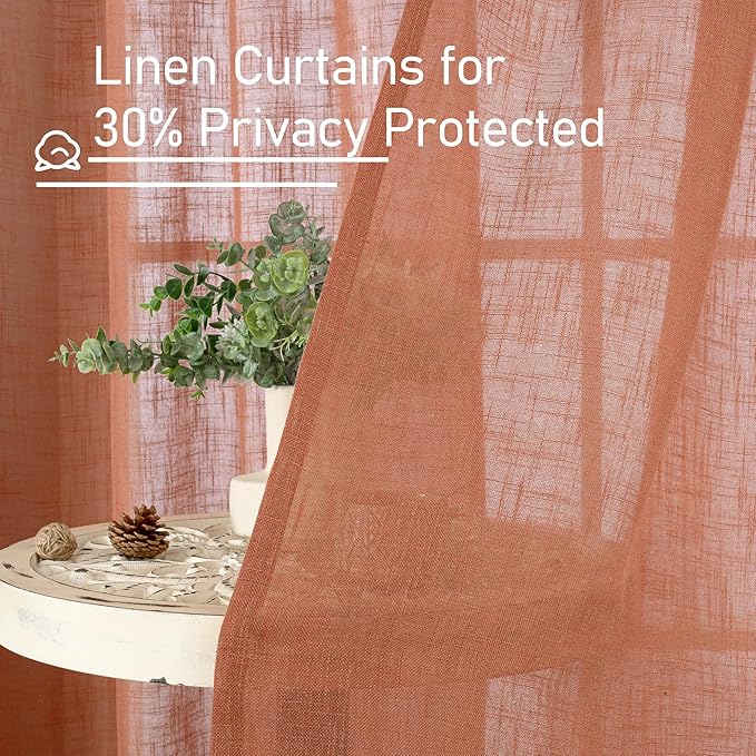LAMIT 48 Inch Short Window Linen Curtains, Light Filtering Panels Back Tab and Rod Pocket Neutral Drapes for Cafe/Bathroom/Loft Room, Terracotta, 2 Panels, 34 x 48 Inch