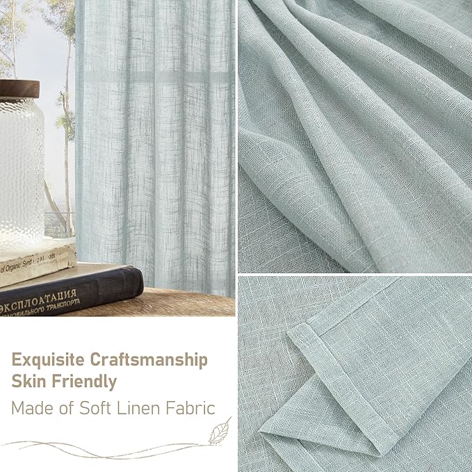 LAMIT Semi Sheer Linen Curtains 36 Inch Length 2 Panels, Light Filtering Panels Back Tab and Rod Pocket Neutral Drapes for Bathroom/Kitchen/Loft Room, Greyish Blue, 25 x 36 Inch