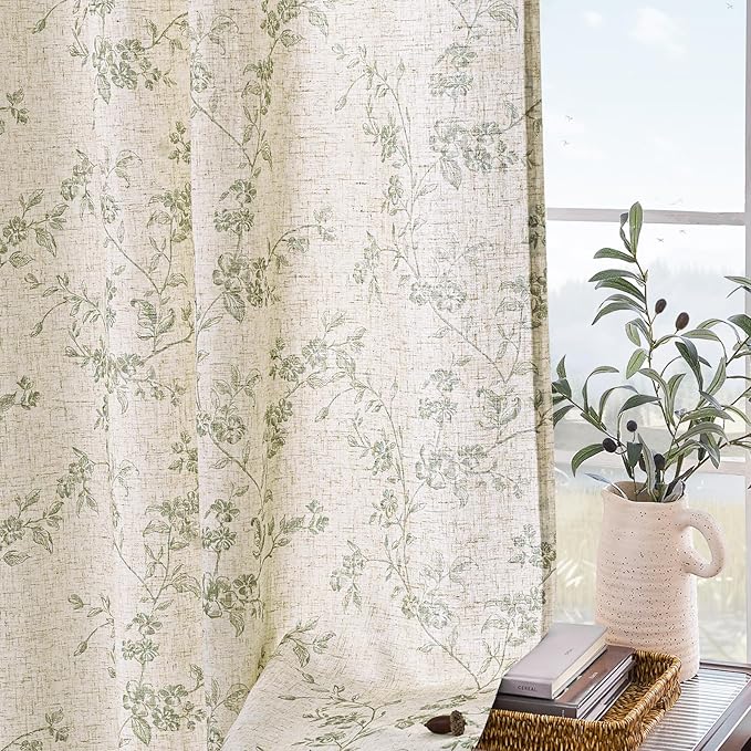 Lazzzy Green Floral Linen Curtains 84 Inch Farmhouse Back Tab Drapes for Living Room Bedroom Light Filtering Vintage Grandmillennial Rod Pocket Curtains, 2 Panels, W38 x L84, Green on Beige