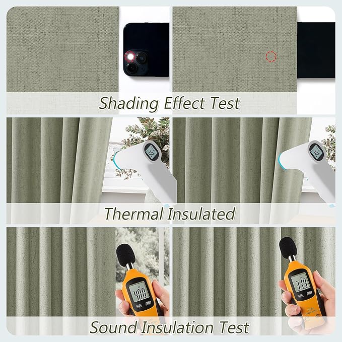 Sage Green 100% Blackout Curtains 63 Inch Length 2 Panels Set for Living Room Bedroom Back Tab Thermal Insulated Black Out Linen Drapes Room Darkening Window Curtains 63 Inches Long