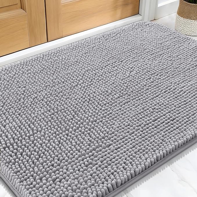 OLANLY Dog Door Mat for Muddy Paws 34x21, Absorbs Moisture and Dirt, Absorbent Non-Slip Washable Doormat, Quick Dry Chenille Mud Mat for Dogs, Entry Indoor Entryway Carpet for Inside Floor, Light Grey