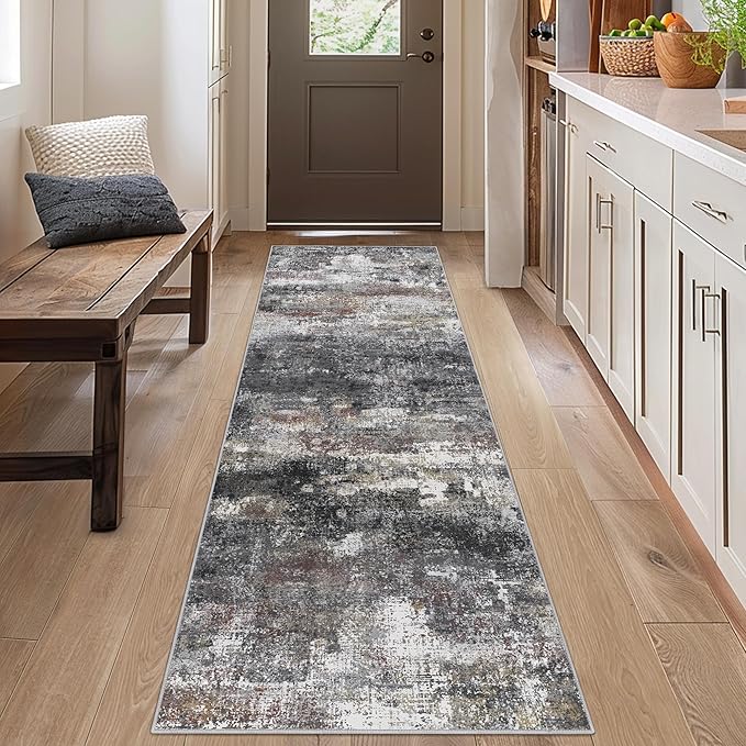 Runner Rug for Hallway Kitchen 2x7 Machine Washable Runners Rug for Entryway, Dark Gray Soft Modern Abstract Throw Rugs, Floor Carpet with Non Slip Rubber Backing