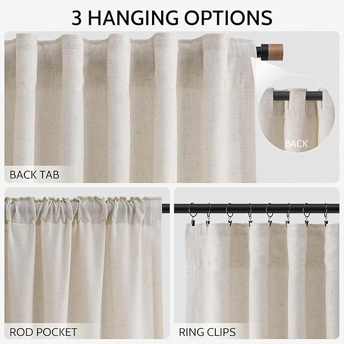 Nanspring Pearl White Linen Curtains 120 Inches Long for Living Room Light Filtering Semi Sheer Curtain Back Tab Coastal Decor Long Floor to Ceiling High Window for Bedroom Office 52x120, 2 Panels