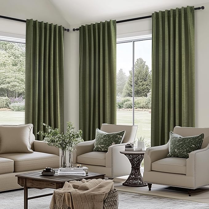 Topfinel 90 Inch Long Linen Blackout Curtains 2 Panels Set, Back Tab Pinch Pleated with Hooks, Thermal Insulated Modern Neutral Decor Window Curtain Drapes for Bedroom,- Loden/Olive Forest W52 x L90