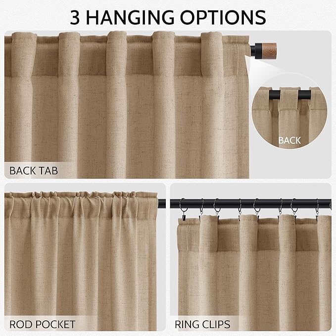 Sand Beige Linen Curtains for Living Room 98 Inches Long Simple Modern Light Filtering Semi Sheer Curtain Back Tab Rustic Farmhouse Luxury Home Decor Drapes for Bedroom Dinner Room 52x98, 2 Panels