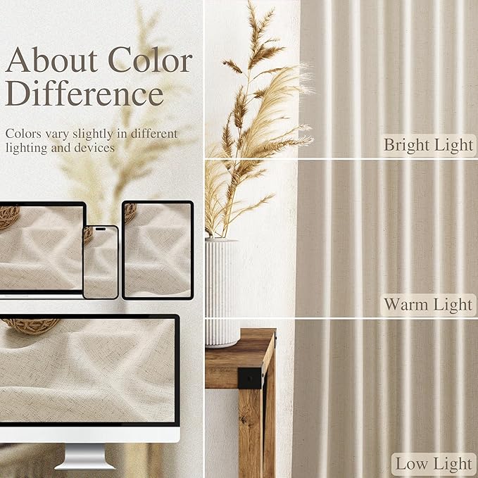 Boho Linen 112 Inch Curtains for Living Room Light Filtering Semi Sheer Curtain Back Tab Boho Eclectic Home Decor Elegant Farmhouse Drapes Floor to Ceiling High Window for Bedroom 52x112, 2 Panels