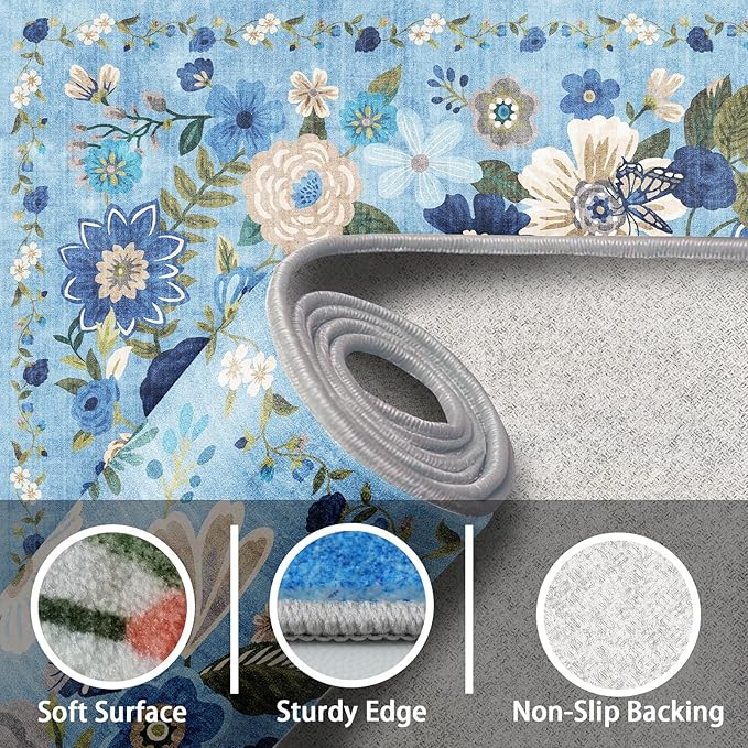Floral Hallway Runner Carpet Non-Slip, 2x10 Washable Rug Ultra-Thin Soft for Hallways, Kitchen Mat Stain Resistant for Entryway Bathroom (2 x 10, Blue Garden)