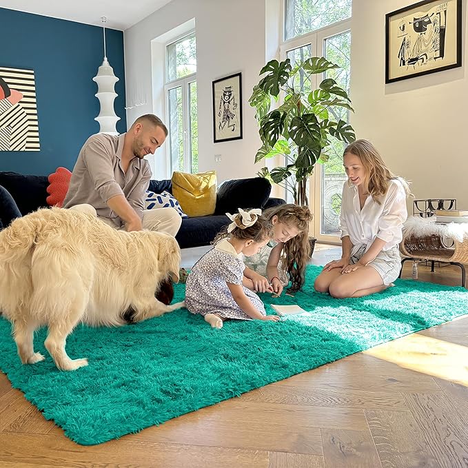 OLANLY 2x3 Machine Washable Small Bedside Rug, Soft Fluffy Shaggy Entryway Throw Rugs for Bedroom, Living Room, Indoor Floor Carpet for Kids Girls and Boys, Home Decor Aesthetic, Teal Green