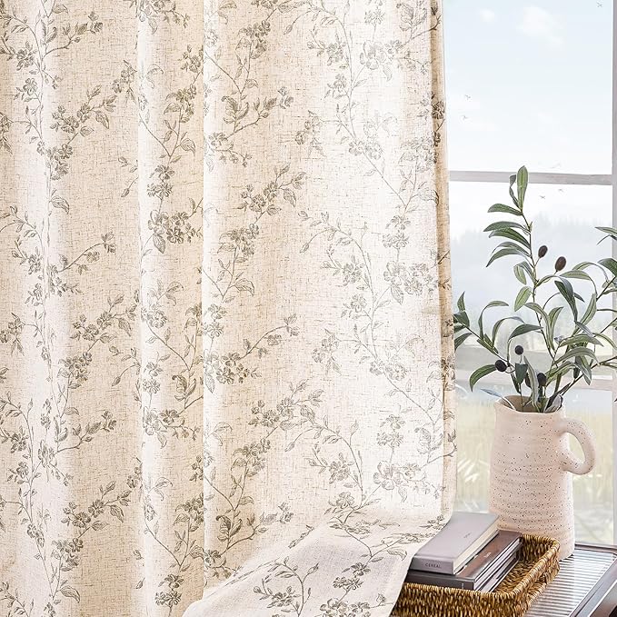 Lazzzy Grey Floral Linen Curtains 84 Inch Length Farmhouse Curtain Back Tab Drapes for Living Room Bedroom Light Filtering Vintage Rod Pocket Curtains, 2 Panels, Gray on Beige