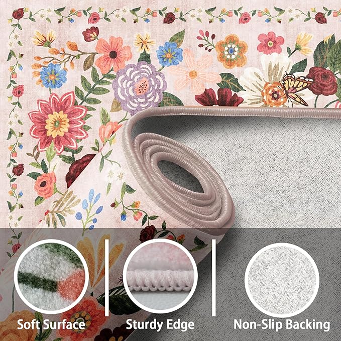 2x4 Entryway Runner Rugs, Non Slip Washable Rugs with Rubber Backing Soft Floral Carpet Runner for Kitchen, Laundry, Bedroom, Bathroom(2 x 4, Beige Garden)