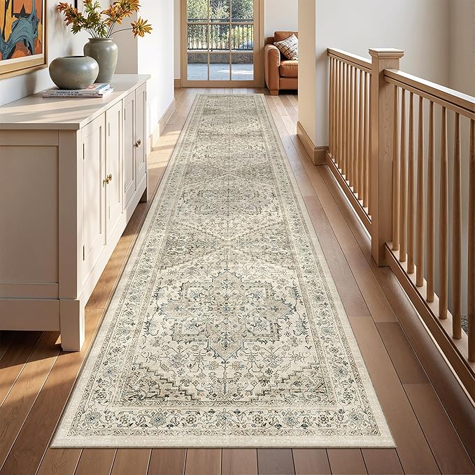 Hallway Runner Rug 2x12, Extra Long Washable Runner Rugs with Rubber Backing, Non Slip Runner, Vintage Rug Runners for Kitchen Laundry Room Entryway (Brown/Beige,2'x12')