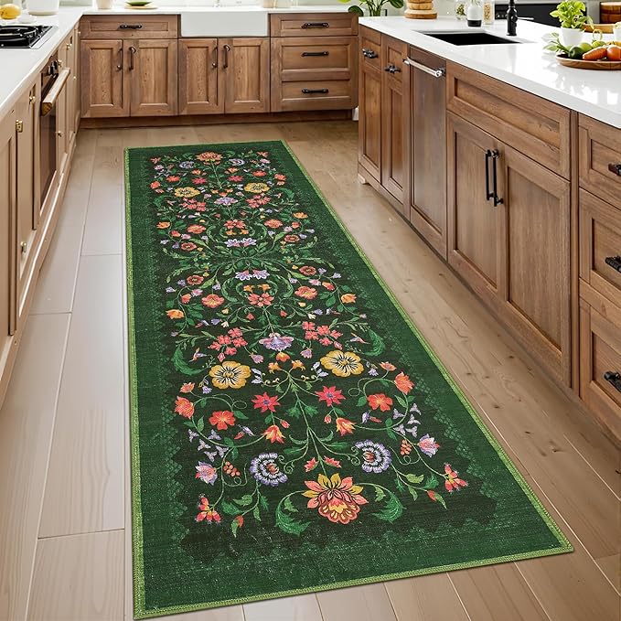 Protea Floral Rug 2.5x8 Runners for Hallways, Boho Kitchen Runner Rugs Non Slip Bath Runners, Vintage Washable Runner Rug for Bedroom, Soft Long Rugs for Entryway Bathroom Laundry Dorm, Forest Green