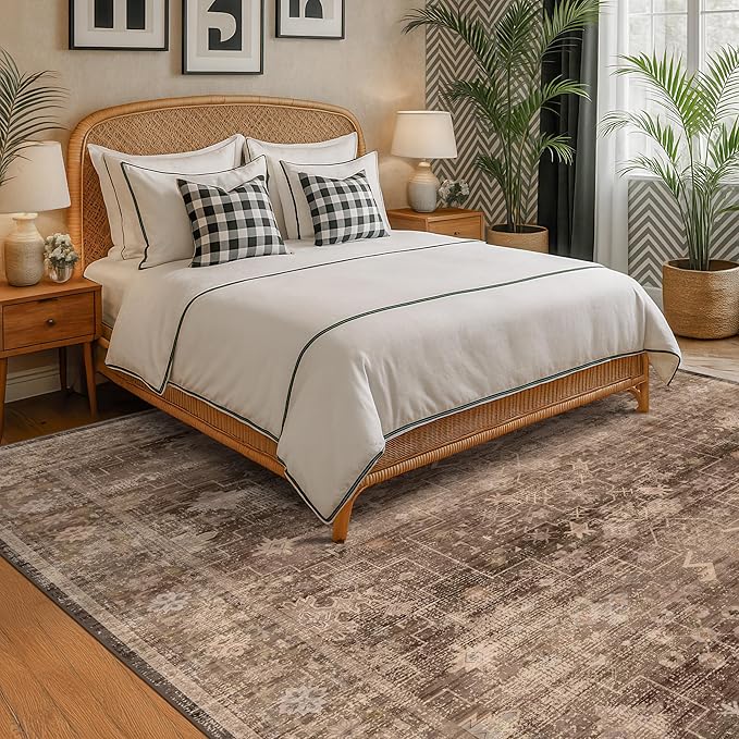 Hazo Haus Taupe Brown Living Room Rug 6x9 - Vintage Traditional Eclectic Unique Neutral, Washable Low Pile Non-Slip Large Area Rugs for Dining Under Table Bedroom Lounge