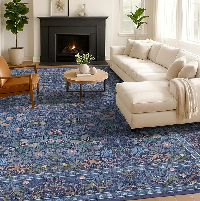Washable Dark Blue Rug for Living Room - 10x12 Large Area Rug for Dining Room Under Table, Bedroom, Soft Low Pile Non-Slip Stain Resistant Carpet - Vintage Navy Floral Design