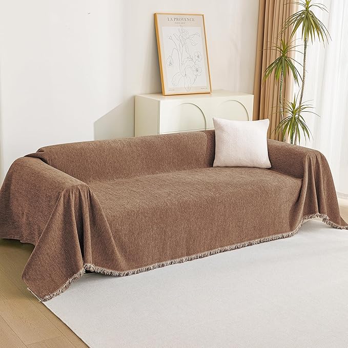 MYSKY HOME Couch Covers for 2 Cushion Couch Sectional Sofa, L Shape Sofa Protector Camel Chenille Couch Cover, Sofa Covers Washable Blanket with Tassel Pet Couch Cushion Cover, 71"X102"