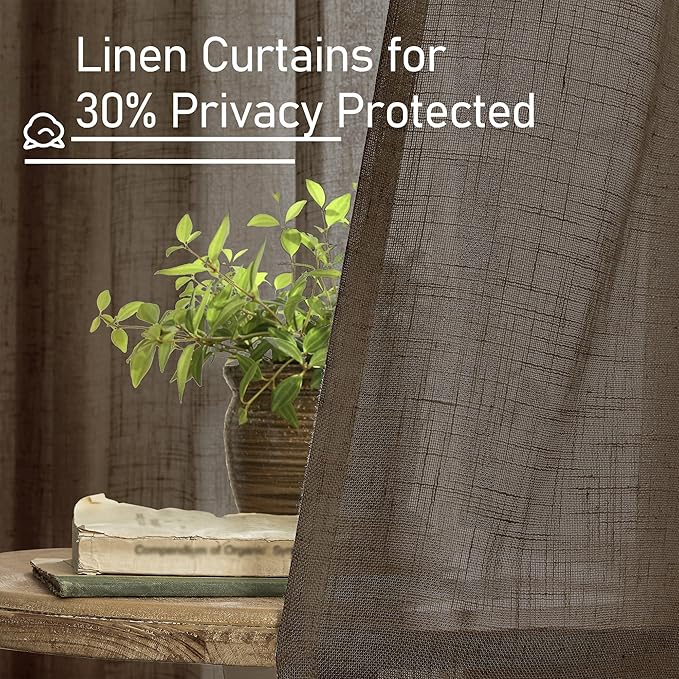 LAMIT Dark Brown Linen Boho Curtains 80 inch Length 2 Panels, Light Filtering Semi Sheer Panels Back Tab and Rod Pocket Neutral Drapes for Bedroom/Living Room, 34 x 80 Inch