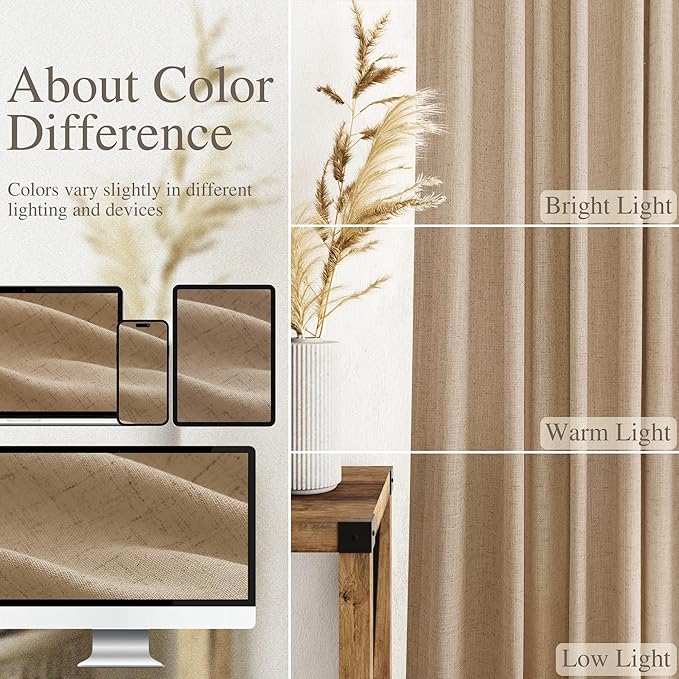 Sand Beige Linen Curtains 80 Inch Length for Living Room Simple Modern Light Filtering Semi Sheer Curtain Back Tab Rustic Farmhouse Luxury Home Decor Drapes for Bedroom Dinner Room 52x80, 2 Panels