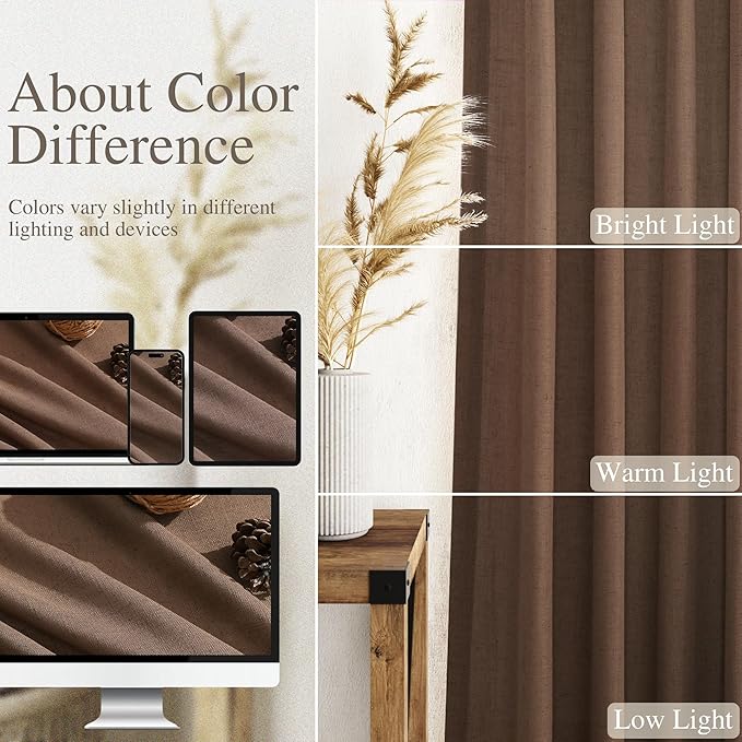 Nanspring Caramel Brown Curtains 80 Inches Long 2 Panels Set for Bedroom Back Tab Rod Pocket Semi Sheer Light Filtering Privacy Drapes Linen Blend Textured Farmhouse Living Room Curtain 52X80