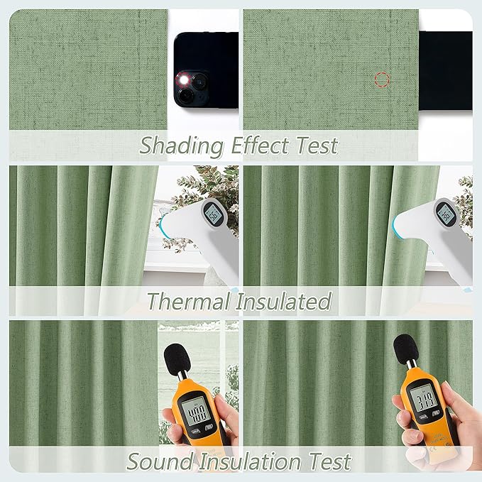 Guken 100% Blackout Linen Curtains 102 Inch Length 2 Panels Set for Living Room Bedroom Back Tab Thermal Insulated Black Out Linen Drapes Room Darkening Window Curtains,Light Sage