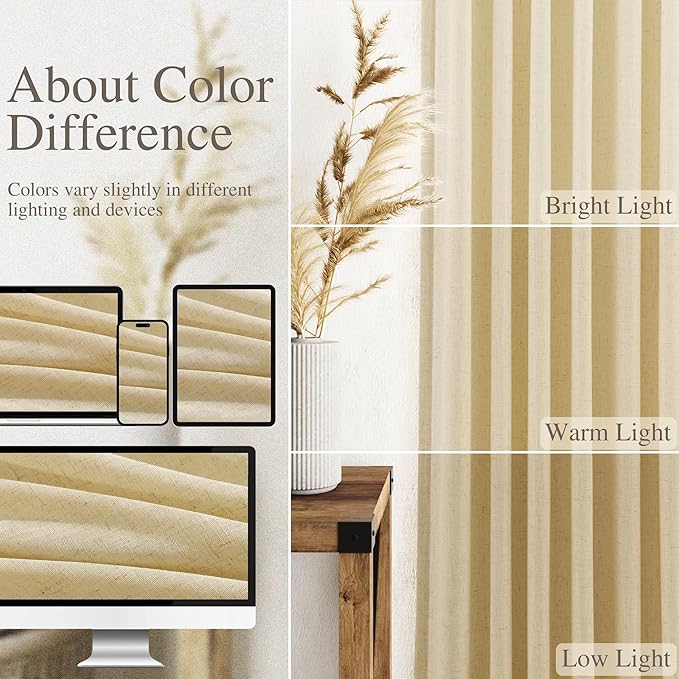 Nanspring Cream Yellow Curtains 120 Inches Long for Living Room Linen Modern Farmhouse Sheer Curtains Back Tab and Rod Pocket Extra Long Floor to Ceiling Curtain for Bedroom Office 52x120, 2 Panels