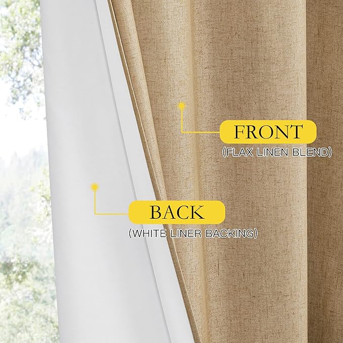 NICETOWN 100% Absolutely Blackout Linen Curtains with Thermal Insulated White Liner, Camel, 52" Wide by 45" Long, 2 Pieces, Linen Blend Window Drapes Privacy Window Treatments for Bedroom/Kids Room