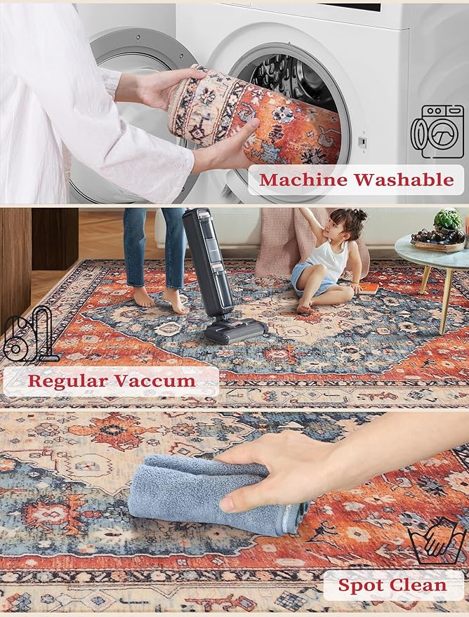 SERISSA Runner Rug for Hallways, 2'6"x14' Washable Non Slip Kitchen Runner Rug, Extra Long Boho Rug Ultra Soft Vintage Tribal Print Floor Carpet for Bedroom Hallway Entryway Bathroom Laundry Room