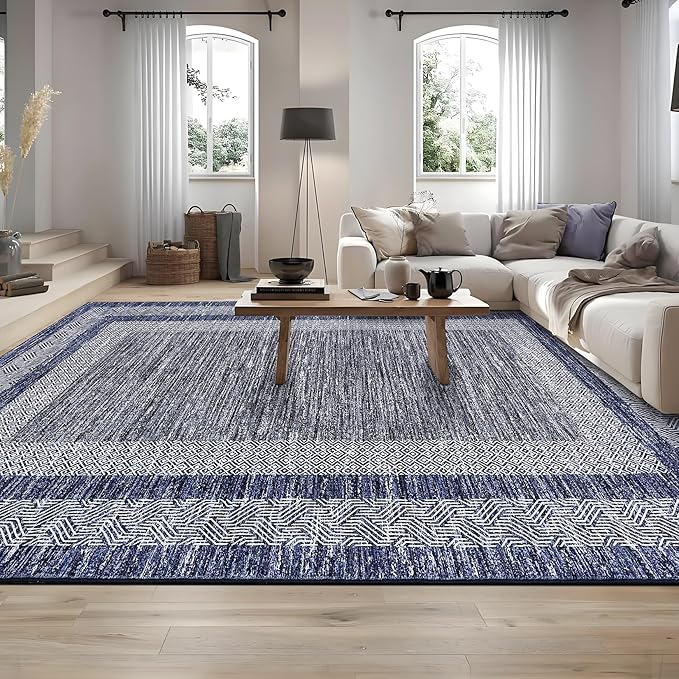 GarveeHome 10x13 Large Washable Geometric Area Rug Non Slip Non Shedding Floor Carpet, Modern Bordered Distressed Navy Blue Indoor Printed Rug for Living Room, Bedroom, Office