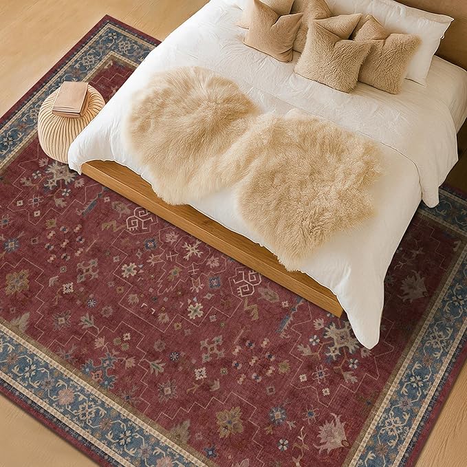Hazo Haus Oriental 9x12 Soft Rugs for Living Room - Dark Red Rugs for Bedroom Aesthetic, Dining Room Under Kitchen Table, Washable Soft Non Slip Large Area Vintage Décor