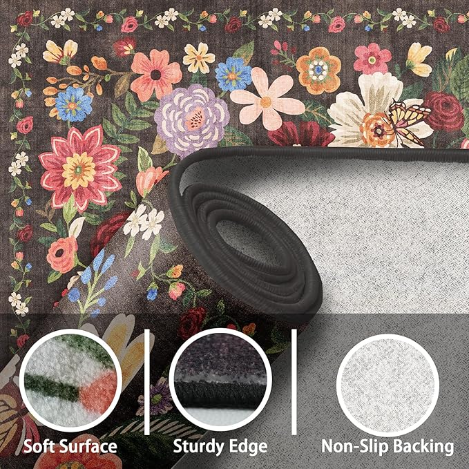 Black/Brown Kitchen Rug 2x6, Non Slip Washable Runner Rugs with Rubber Backing Soft Floral Carpet entryway Runner for Hallways, Kitchen, Laundry, Bedroom, Bathroom (Black/Brown, 2 x 6)